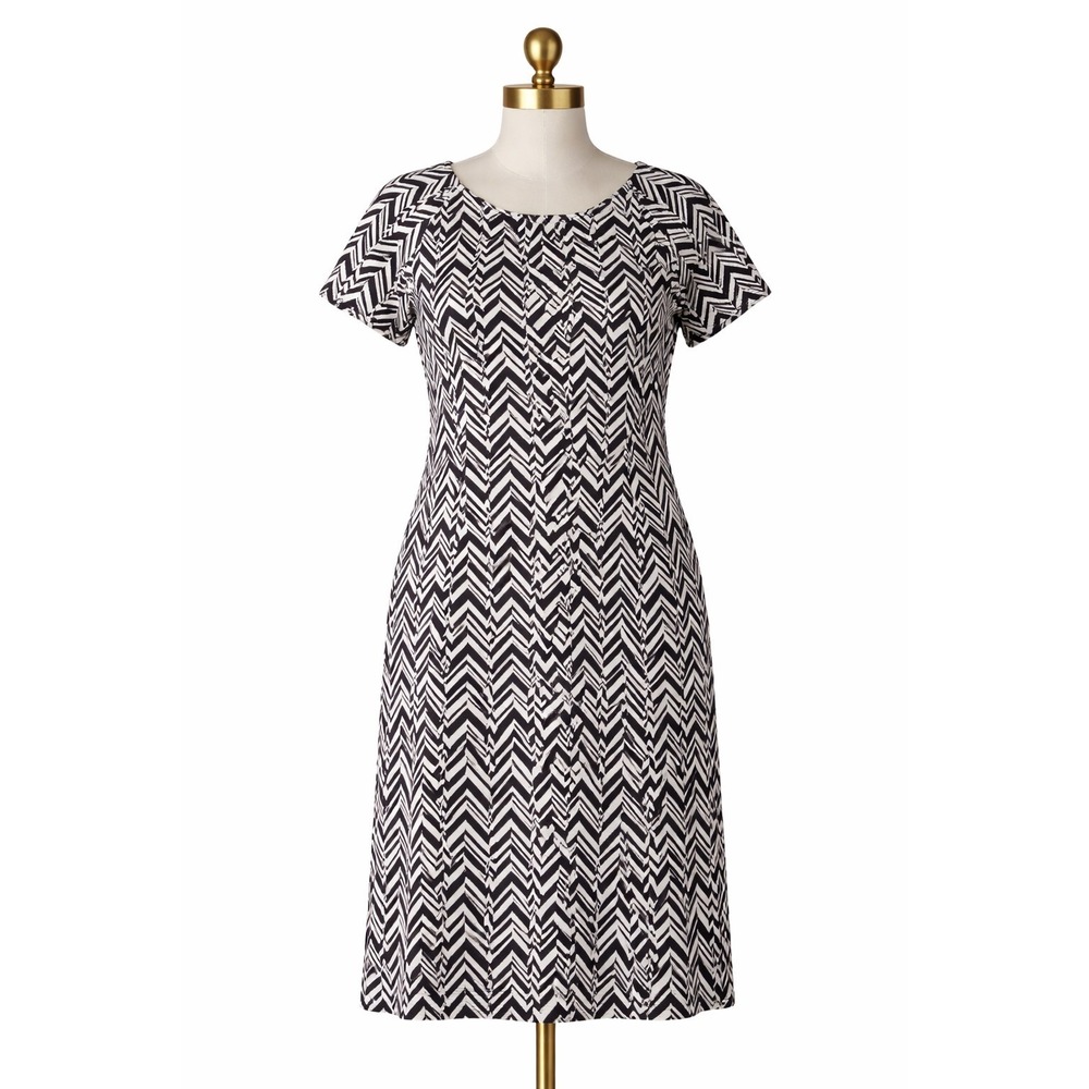 LOFT Dress Womens L Black White‎ Chevron Short Sleeve Sheath Career Stretch Midi